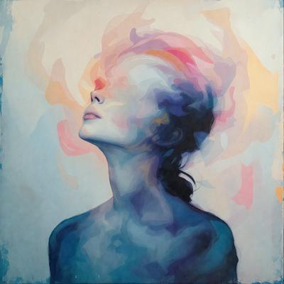 The primary subject of the image is a woman with a ponytail, who is looking upward. She is the main focus of the image. The setting is a room with a blue background, which adds to the overall atmosphere. The visual style of the image is a painting, which gives it a unique and artistic appearance. The colors used in the painting are predominantly blue, which creates a calm and serene mood.